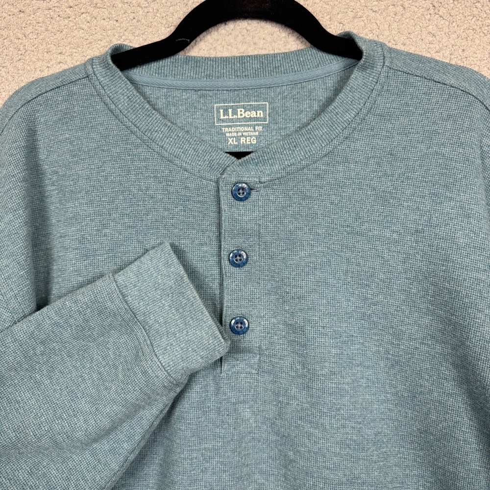 LL Bean Shirt Mens XL Blue Unshrinkable Mini Waffle Henley Outdoor‎ Rugged Camp